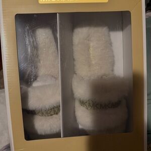 Michael Kors Cream Fur Slippers with Gold Band